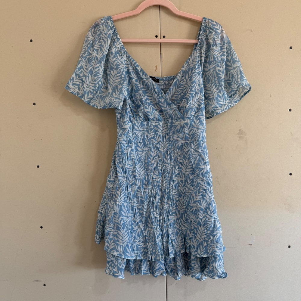 As U Wish Blue White Leaf Print Smocked Back Ruffle Mini Dress Women's M